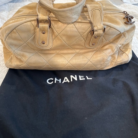 Vintage authentic beige quilted Chanel lambskin bowler tote bag cloudy bundle - Picture 12 of 16